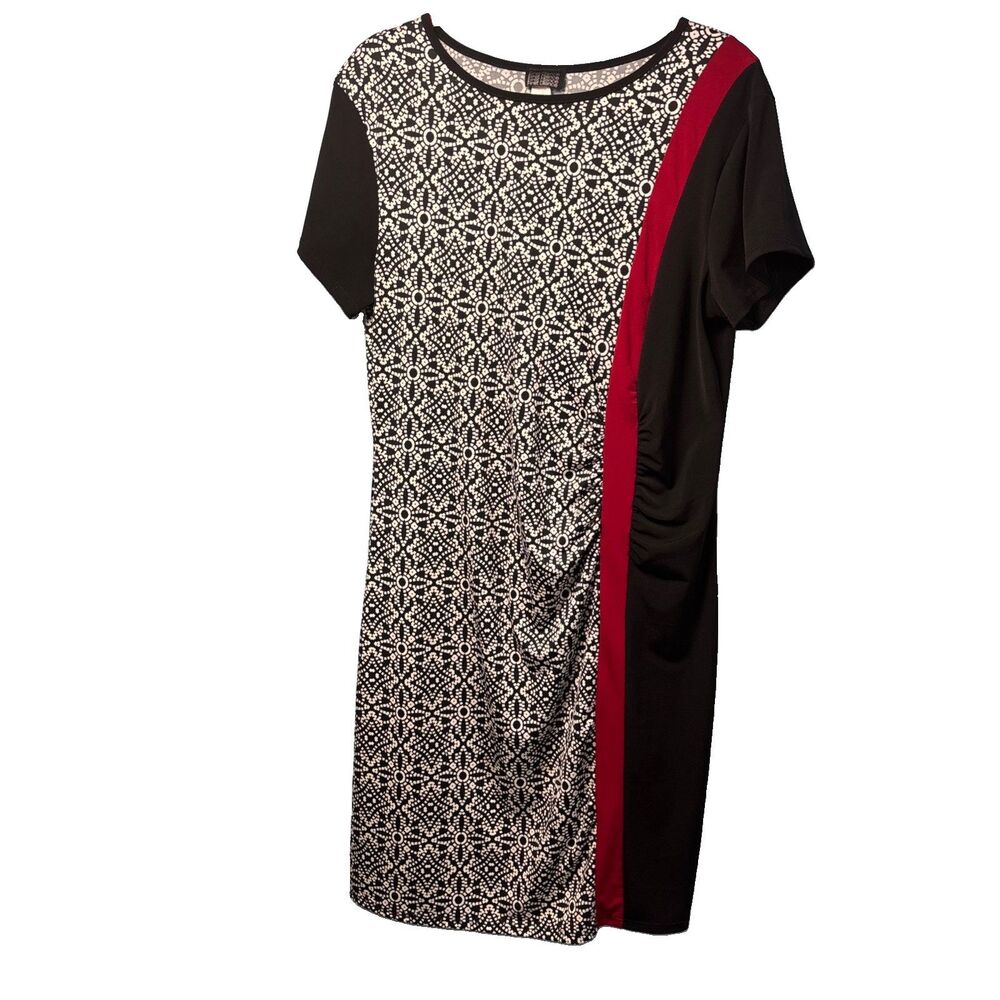 First Glance Sheath Dress Women L Black White Geometric Red Stripe Knee Length